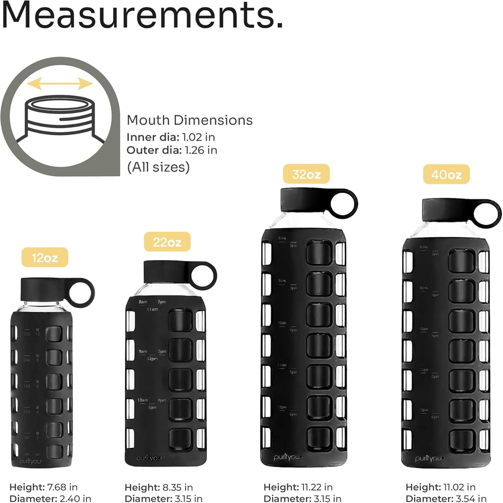purifyou 40oz / 32oz / 22oz / 12oz Borosilicate Glass Water Bottle with Time & Volume Markers, Silicone Sleeve, Stainless Steel Lid | Reusable Glass Bottle for Water & Juice (12oz JetBlack)