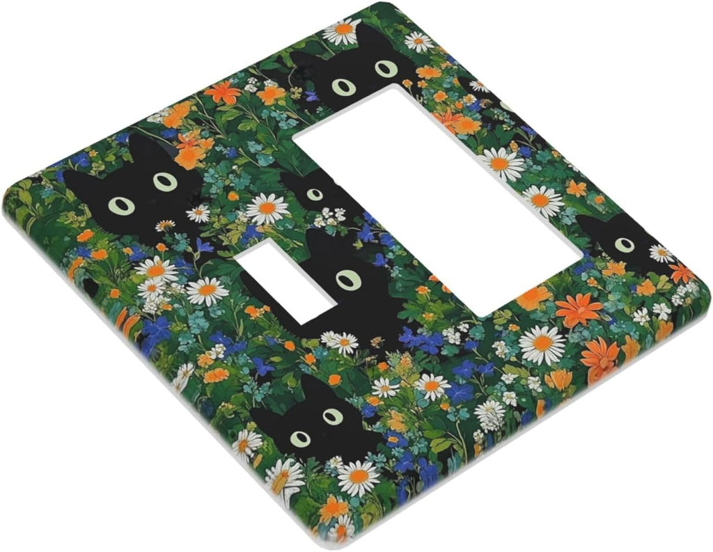 Boho Funny Black Cute Cats Daisy Wildflower Outlet Covers 1 Toggle 1 Rocker Combination Decorative Wall Plate Electrical Switch Plates Light Switch Cover Plate For Kids Room Bed Room Decor