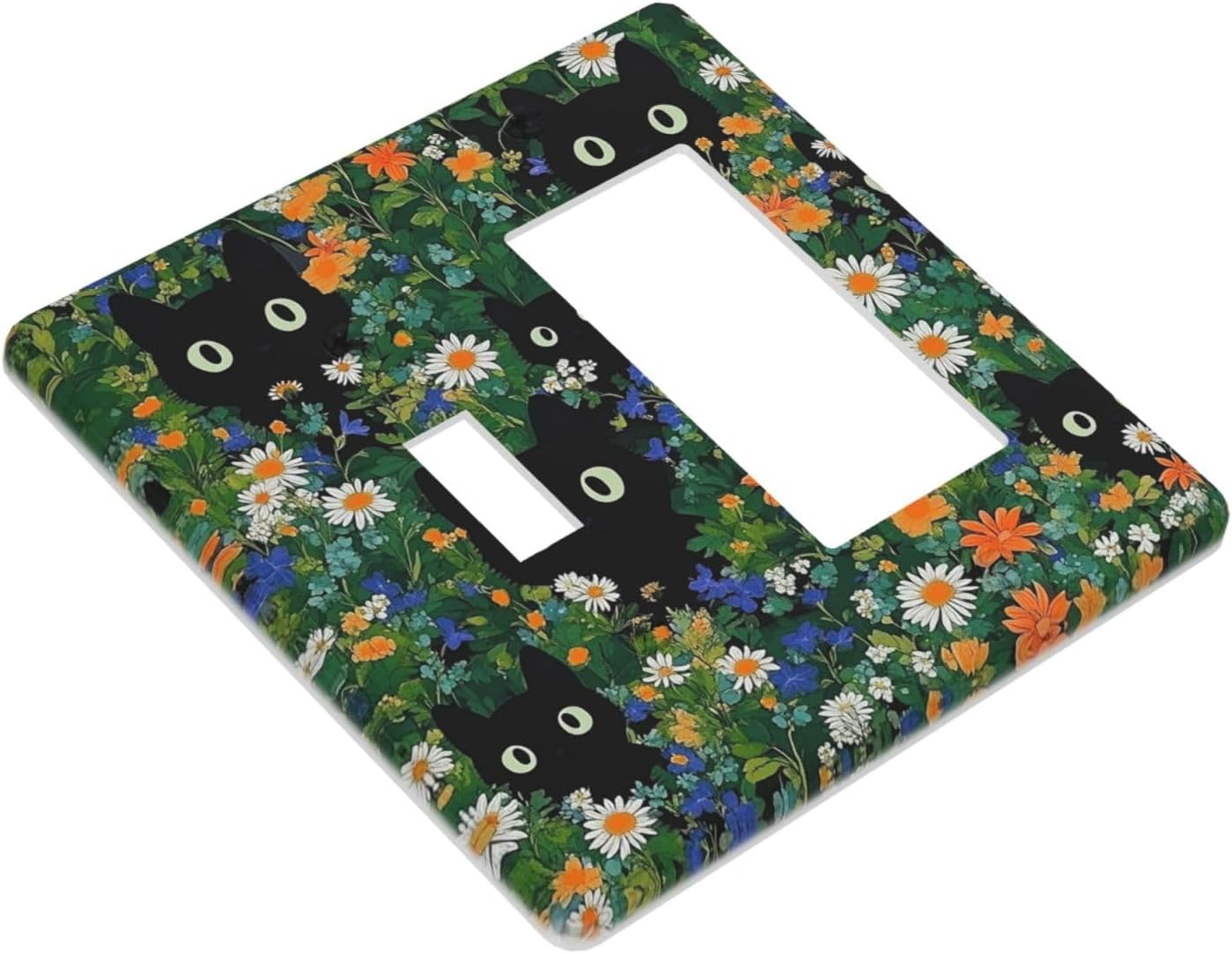 Boho Funny Black Cute Cats Daisy Wildflower Outlet Covers 1 Toggle 1 Rocker Combination Decorative Wall Plate Electrical Switch Plates Light Switch Cover Plate For Kids Room Bed Room Decor