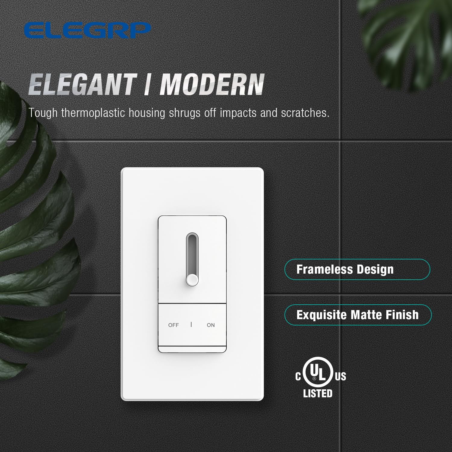 ELEGRP Slide Dimmer Switch for Dimmable LED, CFL and Incandescent Light Lamp Bulbs, Single Pole or 3-Way, Full Control with Preset, Rocker Paddle, Wall Plate Included, UL Listed (6 Pack, Matte White)