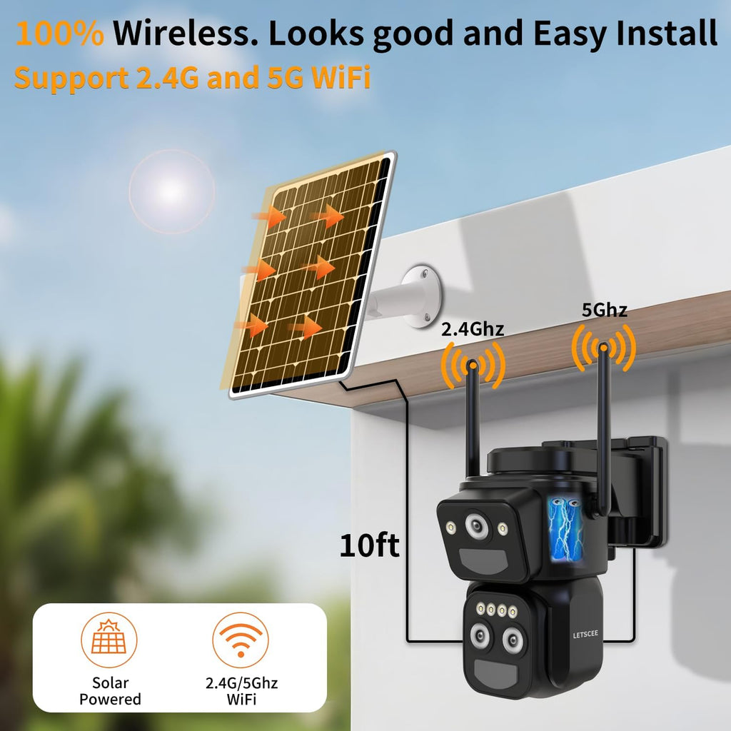 Security Cameras Wirelss Outdoor Solar Powered for Home Security, 360 View Outside Camera,Motion Detection,10x Hybrid Zoom PAN Tile,i IP-65 Weather Proof (3 Lens Hybrid Zoom)