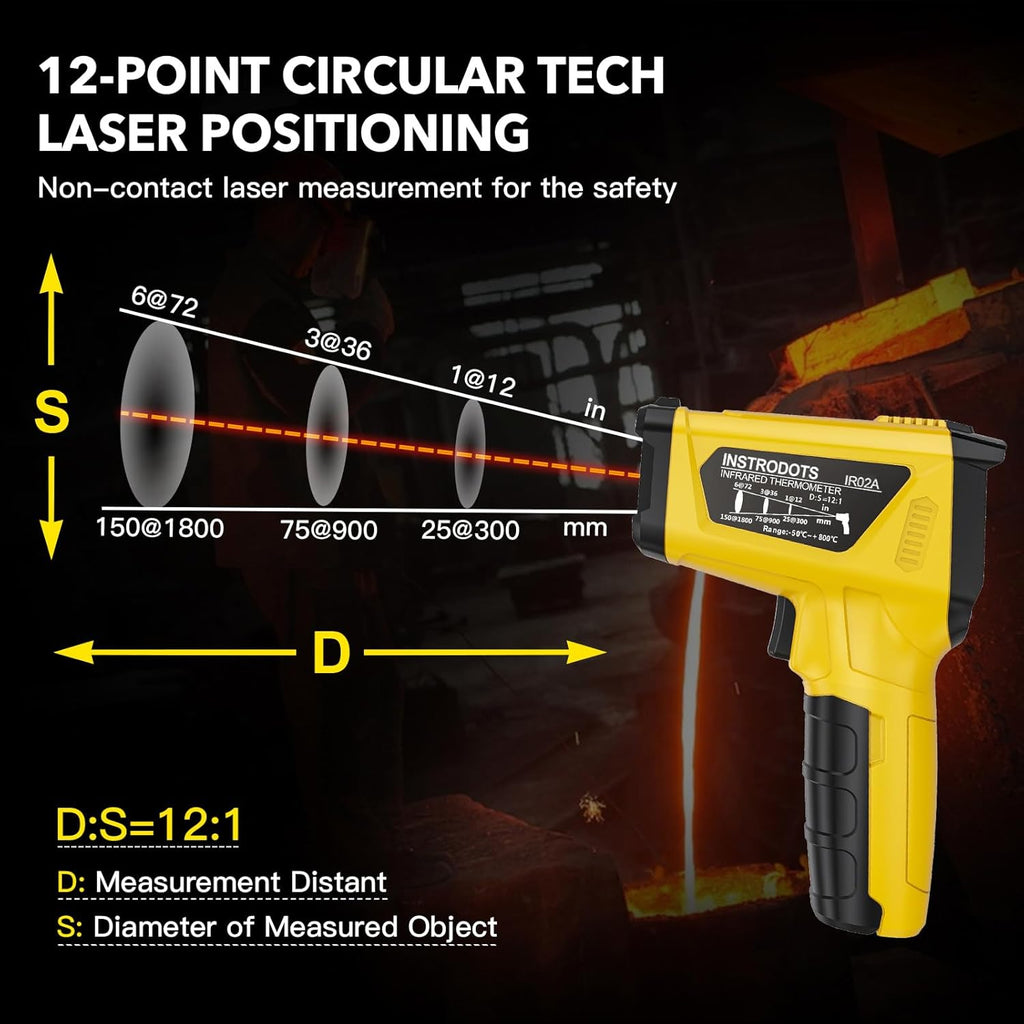 Infrared Thermometer Gun - INSTRODOTS Digital Laser Thermometer emperature Gun with Adjustable Emissivity & Max Value, -58°F~1472°F Non-Contact Surface Thermometer for Cooking, Freezer, Pizza, HVAC