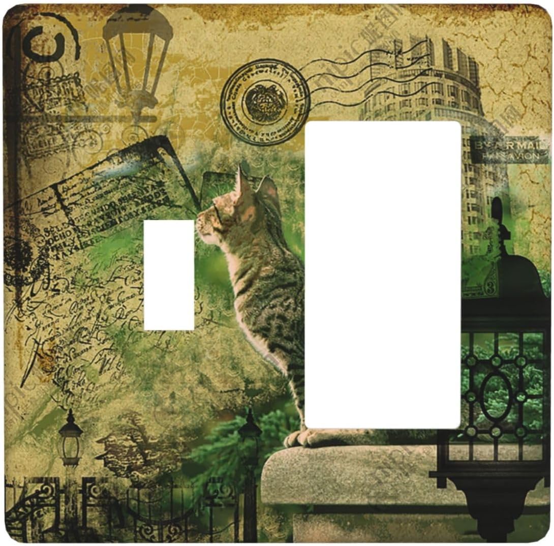 Outlet Covers Vintage Style Cat City Stamp 1 Toggle 1 Rocker Combo Light Switch Cover Plate Decorative Switch Plate Covers Electrical Wall Plate for Bedroom Home Decor