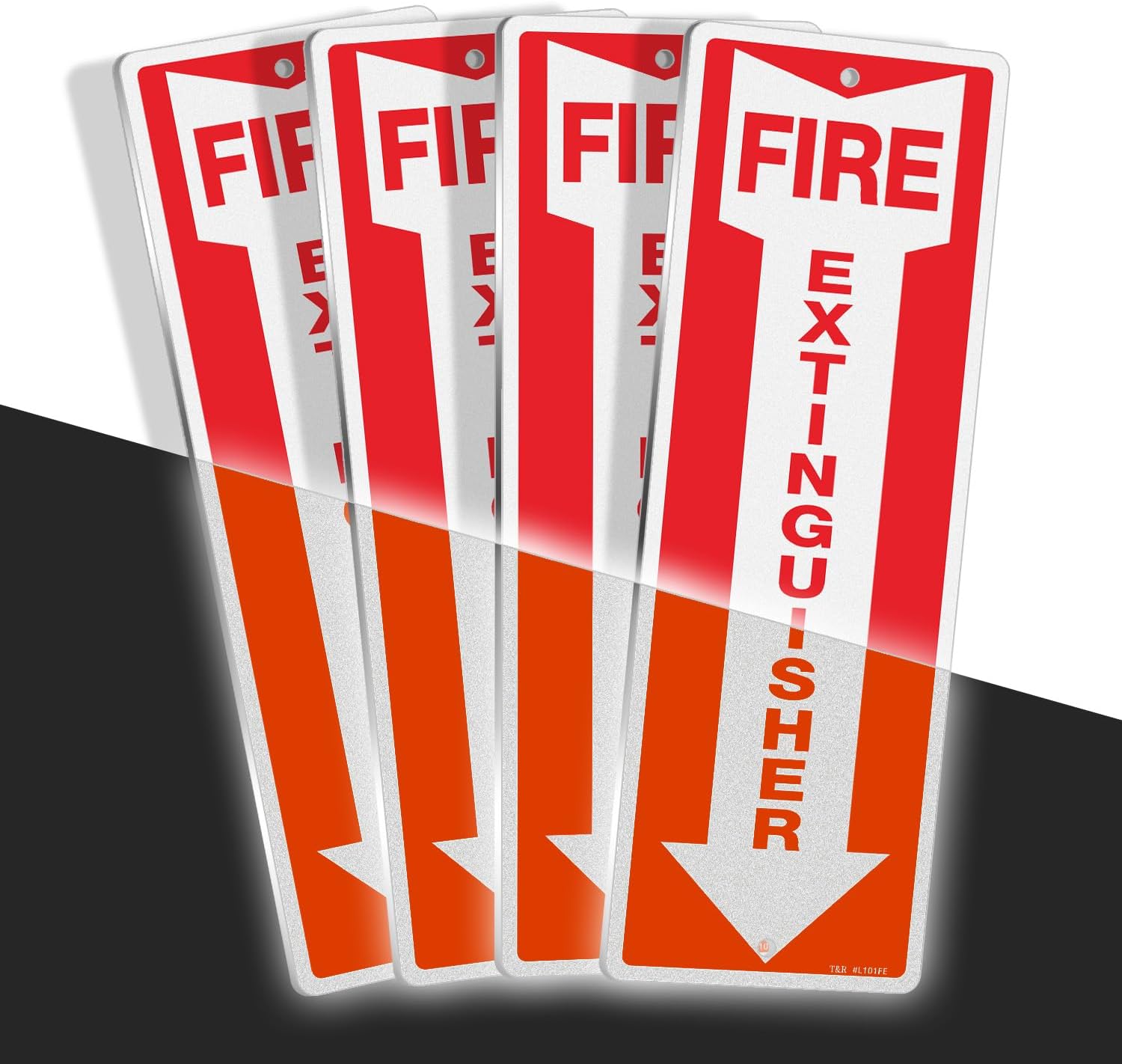 T&R Metal Fire Extinguisher Sign - 4 Pack - 12"x4" .040 Rust Free Heavy Aluminum, Reflective, Waterproof, Weatherproof and Fade Resistant, 2 pre-drilled holes, Easy to Install Indoors and Outdoors