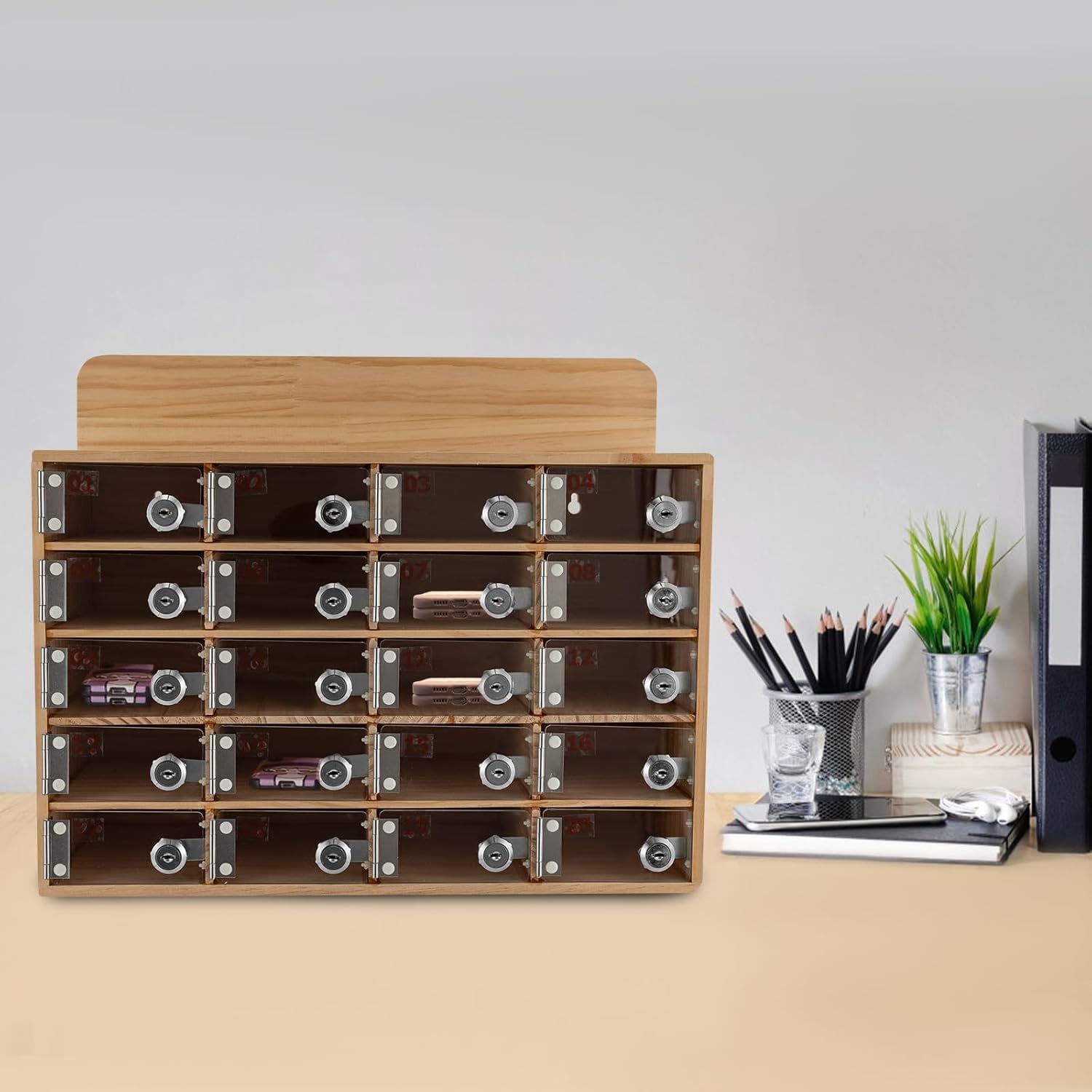 20 Slot Lockable Cell Phone Locker Box, Wall-Mounted/Freestanding Clear Acrylic & Wood Cell Phone Storage Cabinet with Door Locks and Keys for Classroom, Office, and School Employees