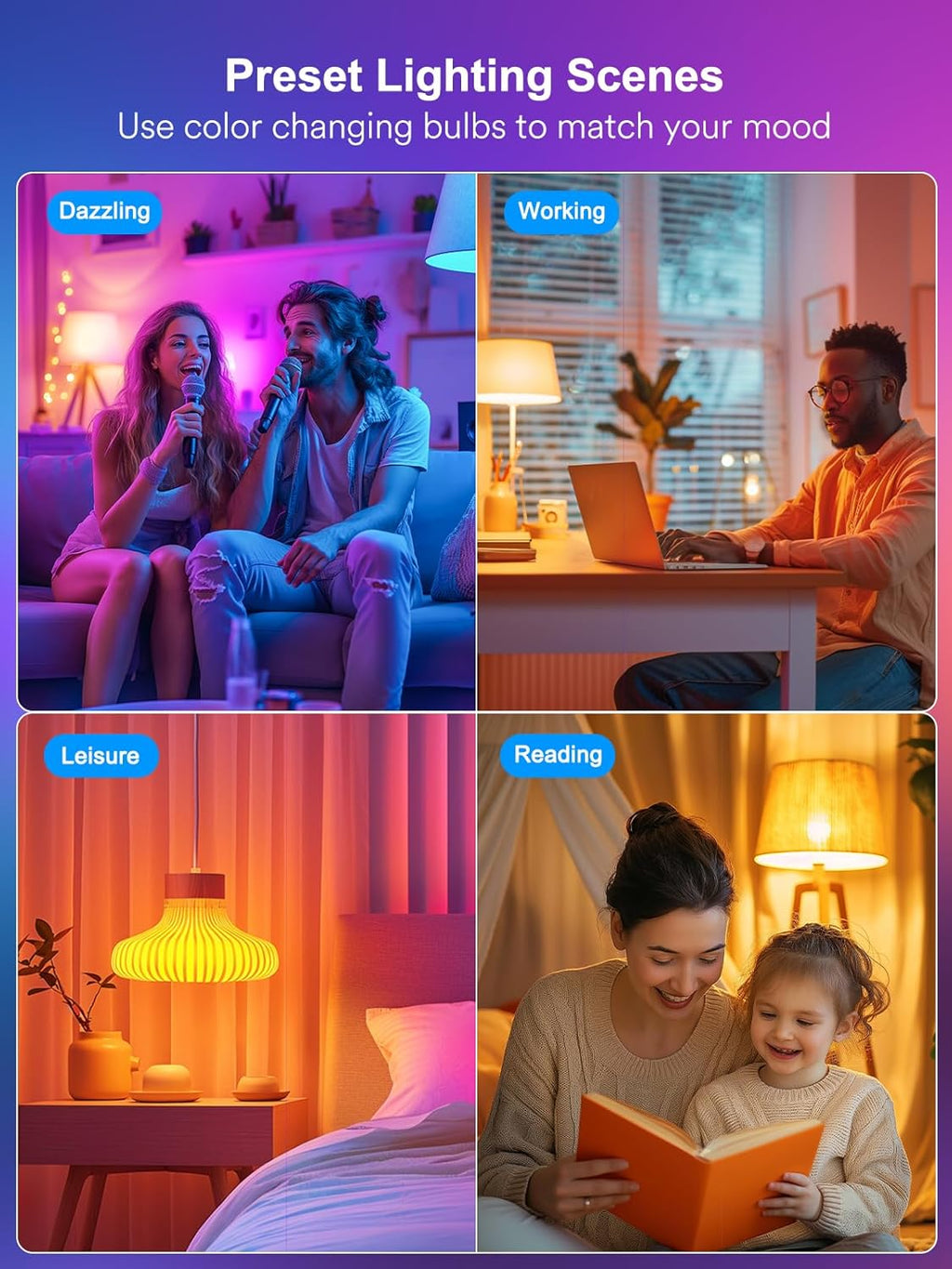 ANGELHALO Smart Light Bulbs, Color Changing A19 LED Light Bulb, Work with Alexa and Google Assistant, Wi-Fi & Bluetooth Light Bulbs, 16 Million Colors RGBCW, Music Sync, 800 Lumens, 2.4Ghz only,4 Pack