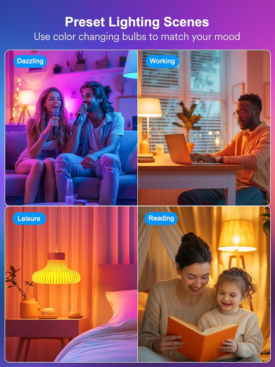 ANGELHALO Smart Light Bulbs, Color Changing A19 LED Light Bulb, Work with Alexa and Google Assistant, Wi-Fi & Bluetooth Light Bulbs, 16 Million Colors RGBCW, Music Sync, 800 Lumens, 2.4Ghz only,4 Pack