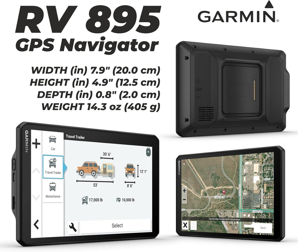 Wearable4U - Garmin RV 895 GPS Navigator, Large, Easy-to-Read 8, Custom RV Routing, High-Resolution Birdseye Satellite Imagery with Power Pack Bundle