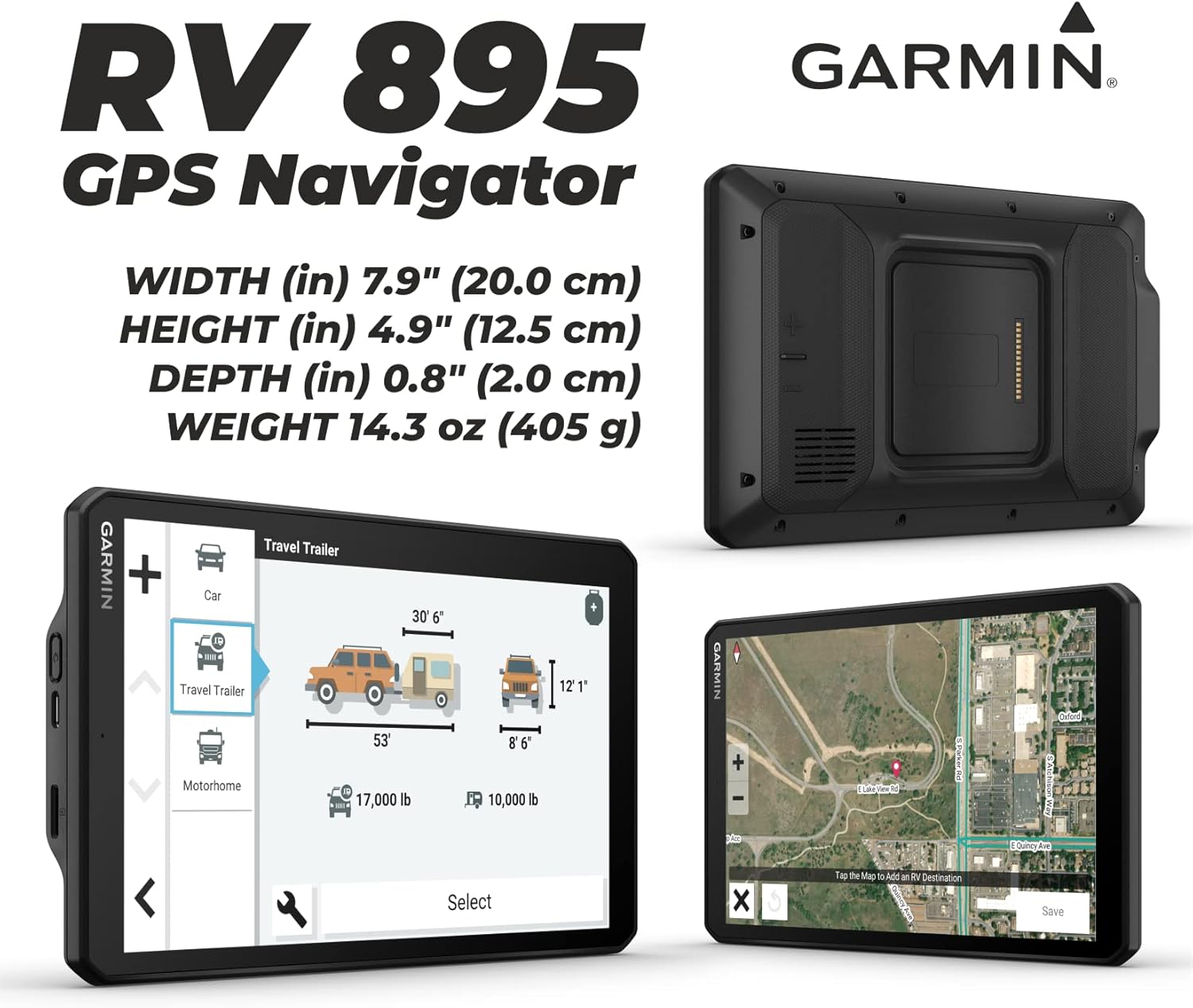 Wearable4U - Garmin RV 895 GPS Navigator, Large, Easy-to-Read 8, Custom RV Routing, High-Resolution Birdseye Satellite Imagery with Power Pack Bundle