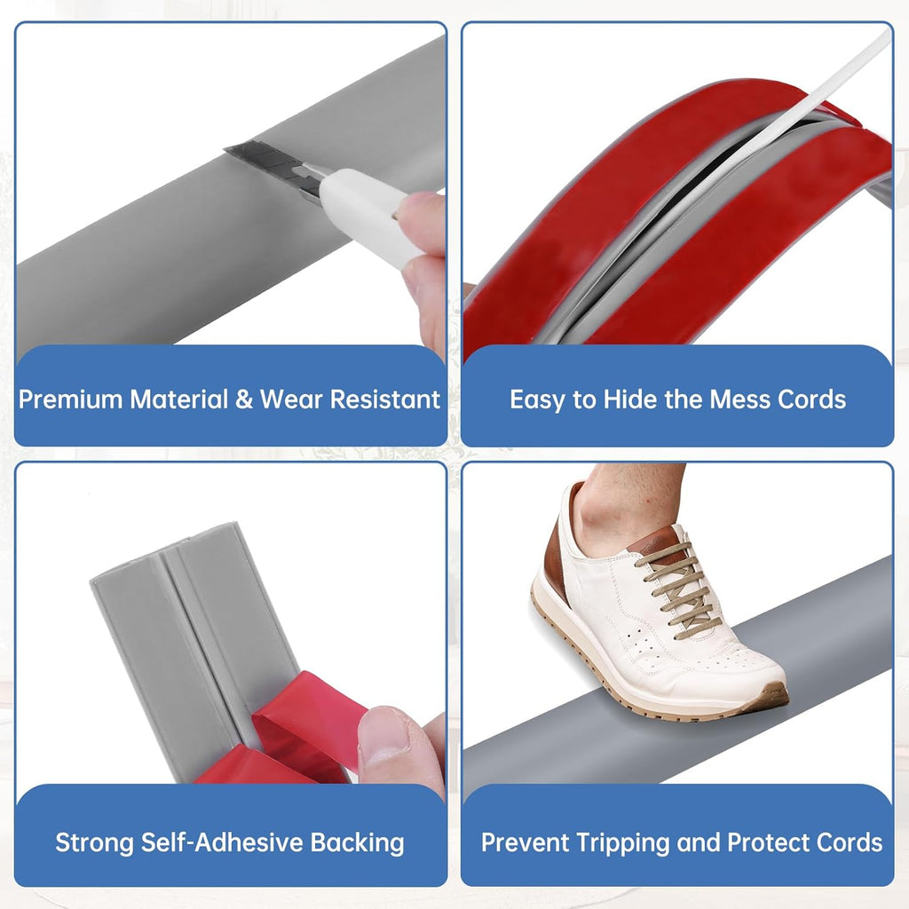 Floor Cord Cover Self Adhesive Cord Hider Floor Extension Cord Covers for Floor Power Cord Protector Cable Management Prevent Cable Trips Cable Cavity 0.51" W x 0.31" H (Grey, 10Ft)