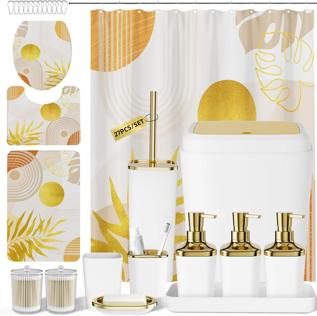 Bathroom Set - Bathroom Sets with Shower Curtain and Rugs, Bathroom Accessory Set, White Bathroom Accessories Set with Trash Can, Toilet Brush and Soap Dispensers
