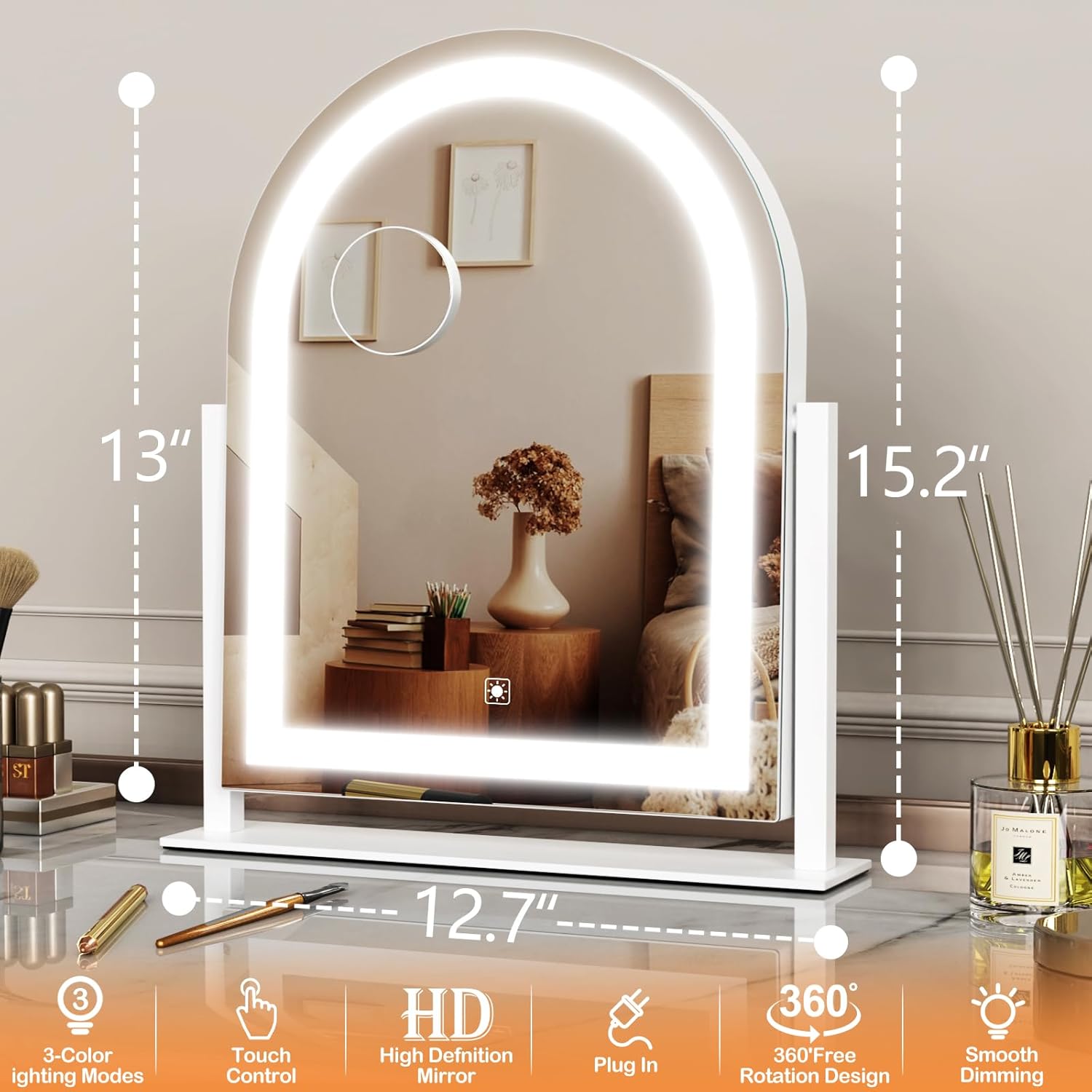 Lighted Makeup Mirror, Hollywood Vanity Mirror with Lights, Three Color Lighting Modes, and Detachable 10X Magnification Mirror, Smart Touch Control, 360°Rotation (15.2in White)