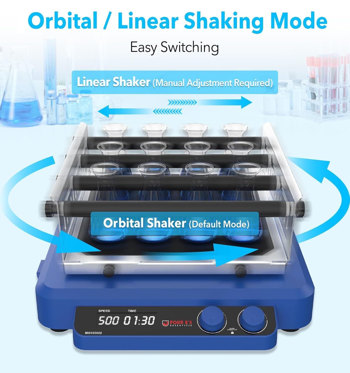 FOUR E'S SCIENTIFIC Orbital and Linear Shaker, 20-500 RPM Lab Orbital Rotator Shaker with Brushless DC Motor, Max. Load Capacity 7.5 KG