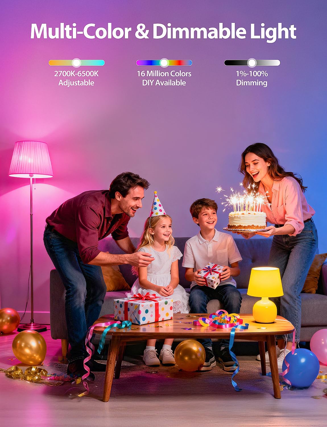 Smart A19 LED Light Bulb, Color Changing Light Bulbs, Compatible with Alexa & Google Assistant, Dimmable RGBTW, 2.4GHz Wi-Fi Bluetooth Bulbs, 9W (60W Equivalent), No Hub Required, 8 Packs