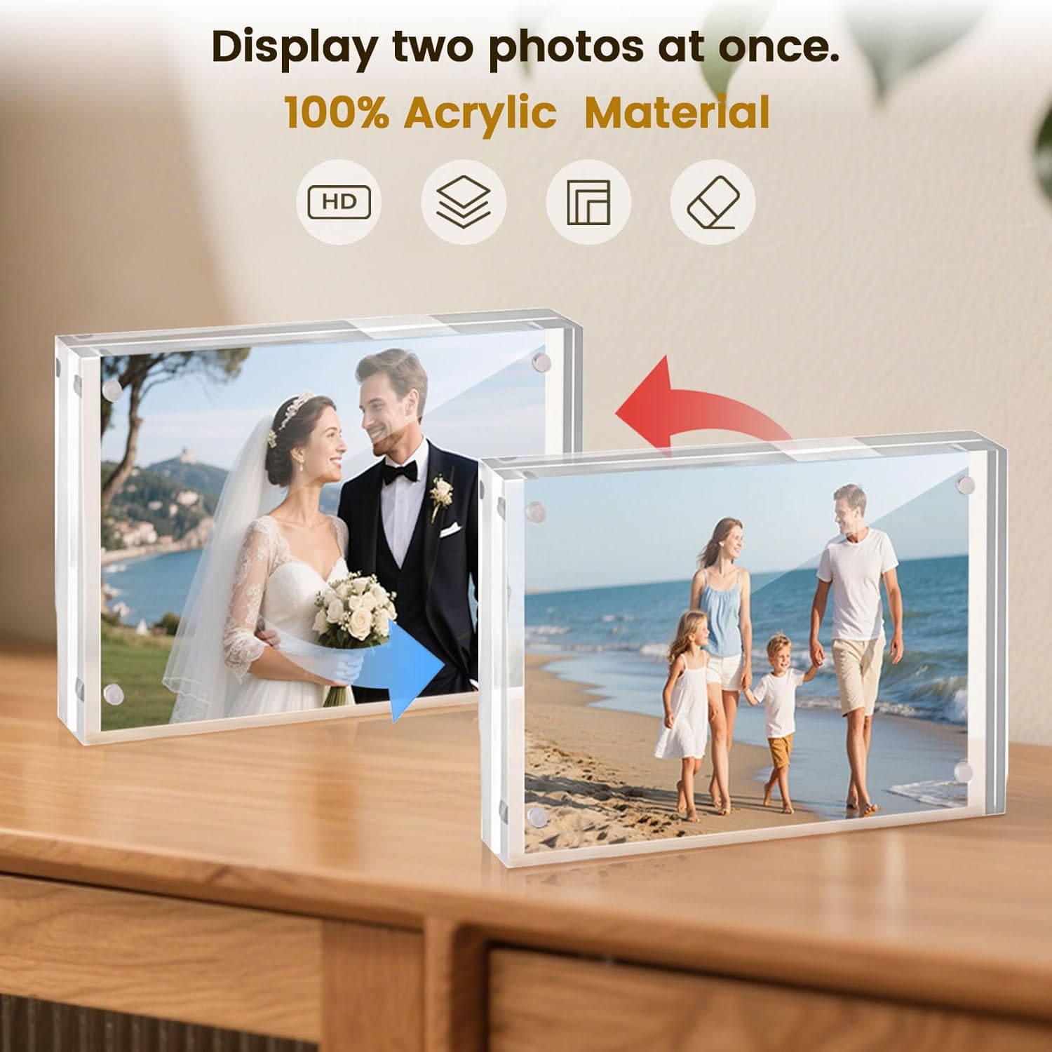 JOHOUSE 5 Pack 4 x 6 Acrylic Picture Frames, Double Sided Magnetic Photo Frames Self Standing Frameless Transparent for Desktop Display Gifts for Women