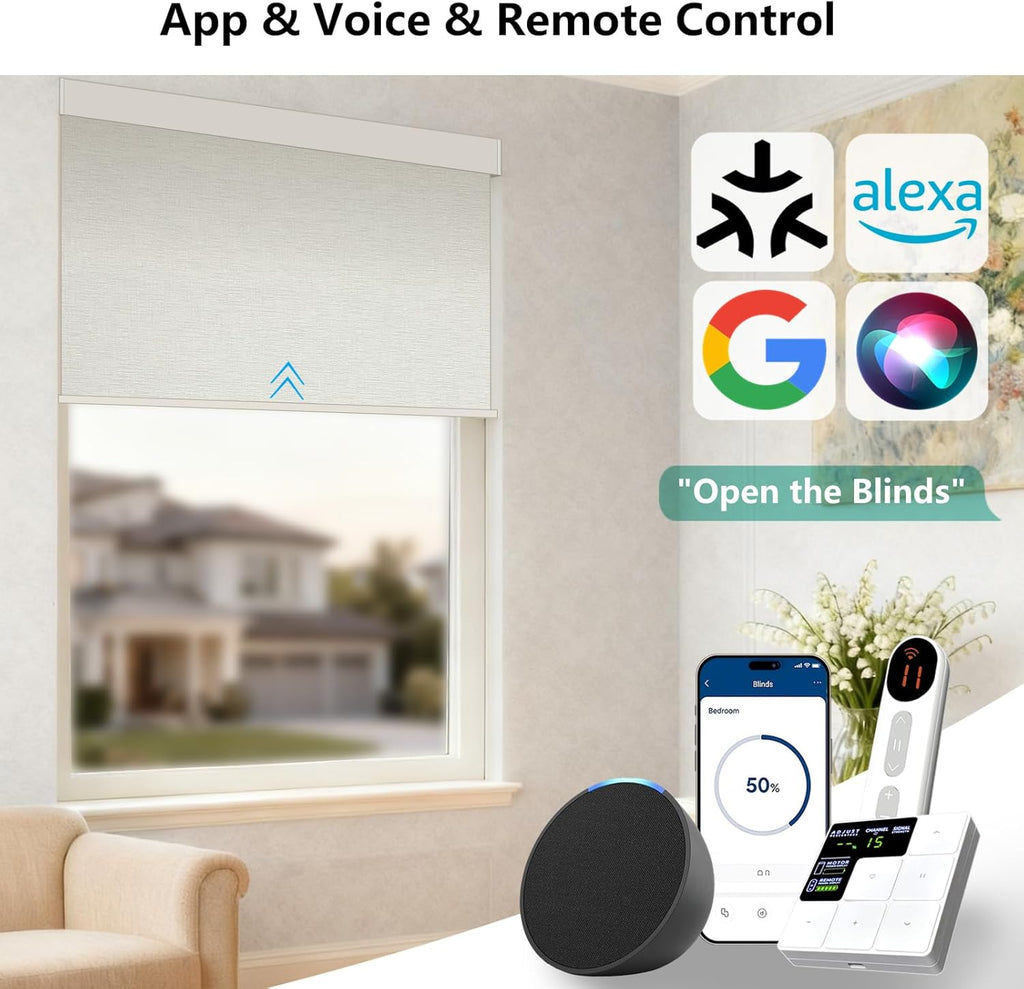 Smart Motorized Blinds – 100% Blackout Roller Shades with Remote, Alexa/Google Home/Siri Control, Matter Compatible, Wireless Rechargeable Battery, Custom Sizes for Windows & Sliding Doors