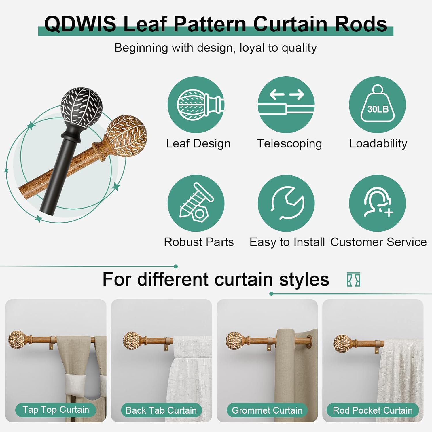 2 Pack Imitation Wood Grain Ball Curtain Rods for Windows 72 to 144 Inch,1 Inch Heavy Duty Adjustable Wood Curtain Rod,Boho Decorative Drapery Rods Set with Brackets,Size:36''-150''