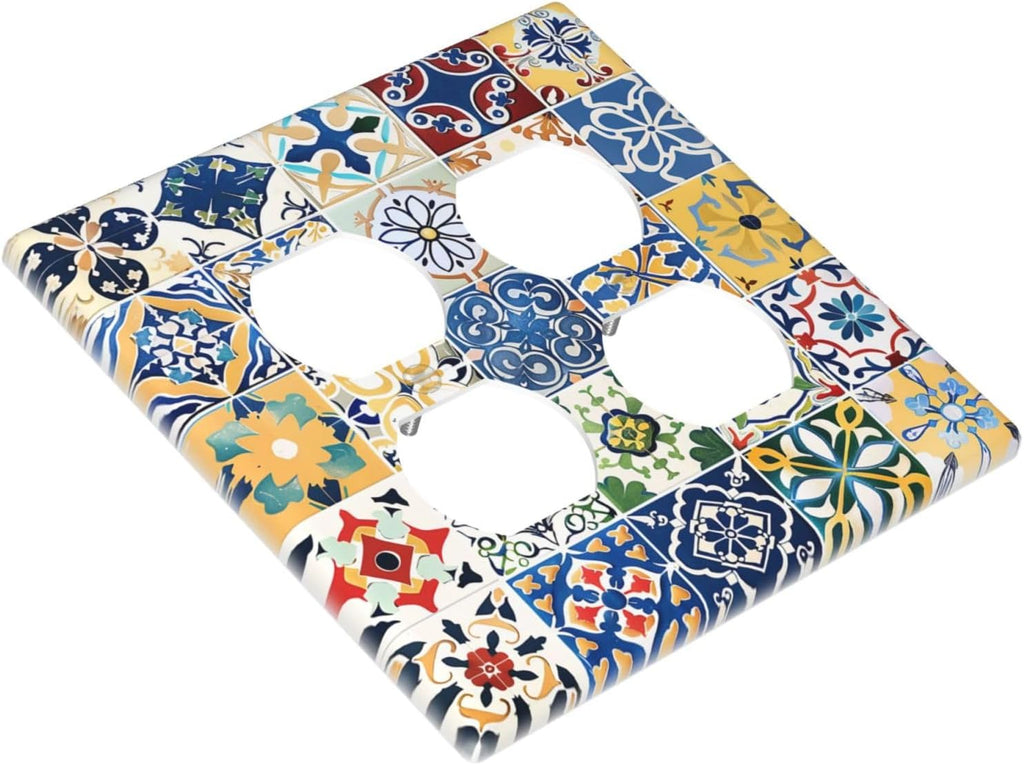 Outlet Covers Moroccan Traditional Mexican Talavera Til 2 Gang Double Duplex Decorative Light Switch Covers Electrical Wallplates Socket Faceplate for Kitchen Home Decor