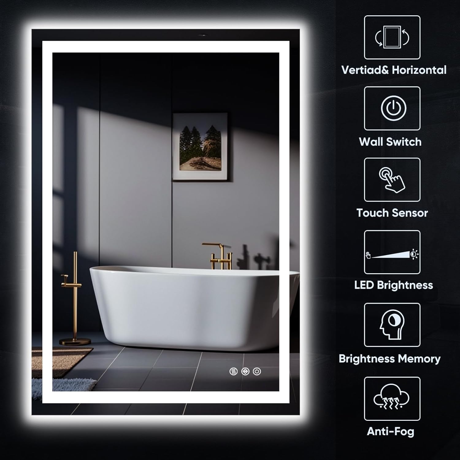 LED Bathroom Mirror, 24"x36" with Frontlit and Backlit Anti-Fog Mirror with Lights LED Vanity Mirror for Bathroom 3 Colors Temperature & Dimmable Bathroom Mirror with HD Tempered Glass