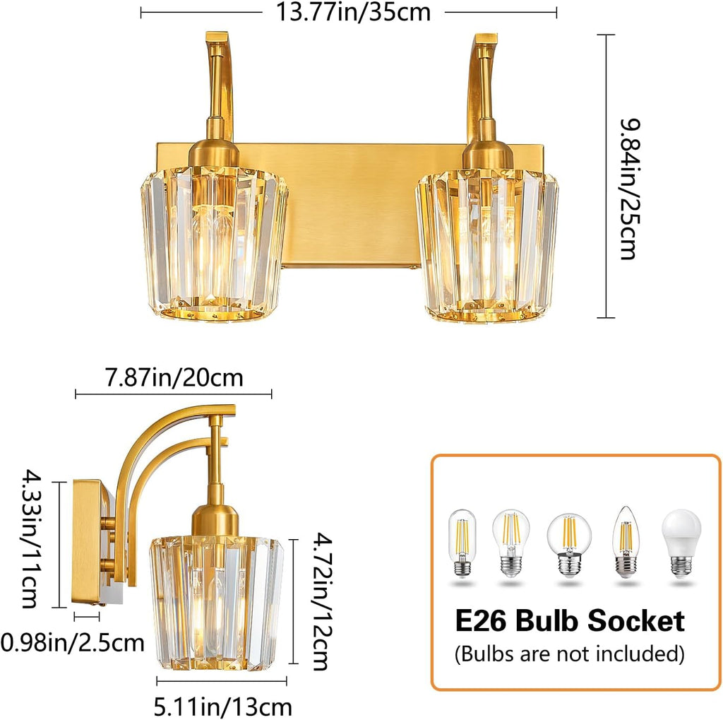 Modern Bathroom Vanity Light, 2-Light Gold Wall Sconce with Crystal Accents, Over Mirror Bathroom Lighting Fixture, 13.77" Long Dimmable Vanity Lamp for Makeup, Easy Installation