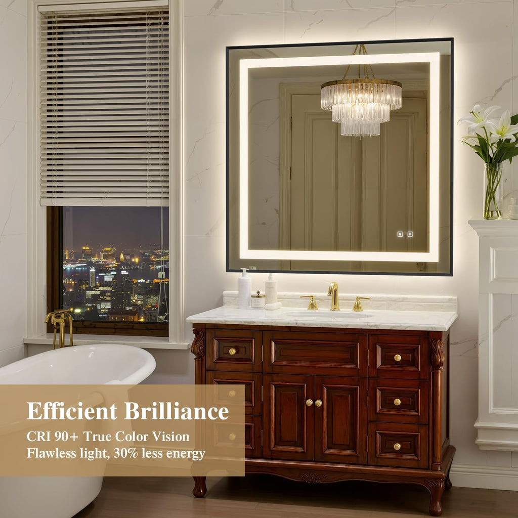36X36 Inch LED Bathroom Mirror with Lights, Black Frame Frontlit+ Backlit Bathroom Vanity Mirror for Wall, Ultra-Clear Tempered Glass, Shatter-Proof, Anti-Fog and Memory Function, ETL Listed