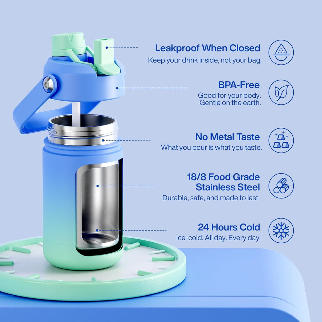 Kids Insualated Water Bottle with Straw - 12oz Stainless Steel Water Bottle with Dual Spouts, Leak-Proof, BPA-Free, Double Wall Vacuum Keeps Cold for 24 Hours for Sports, Travel (Frosted Lilac)