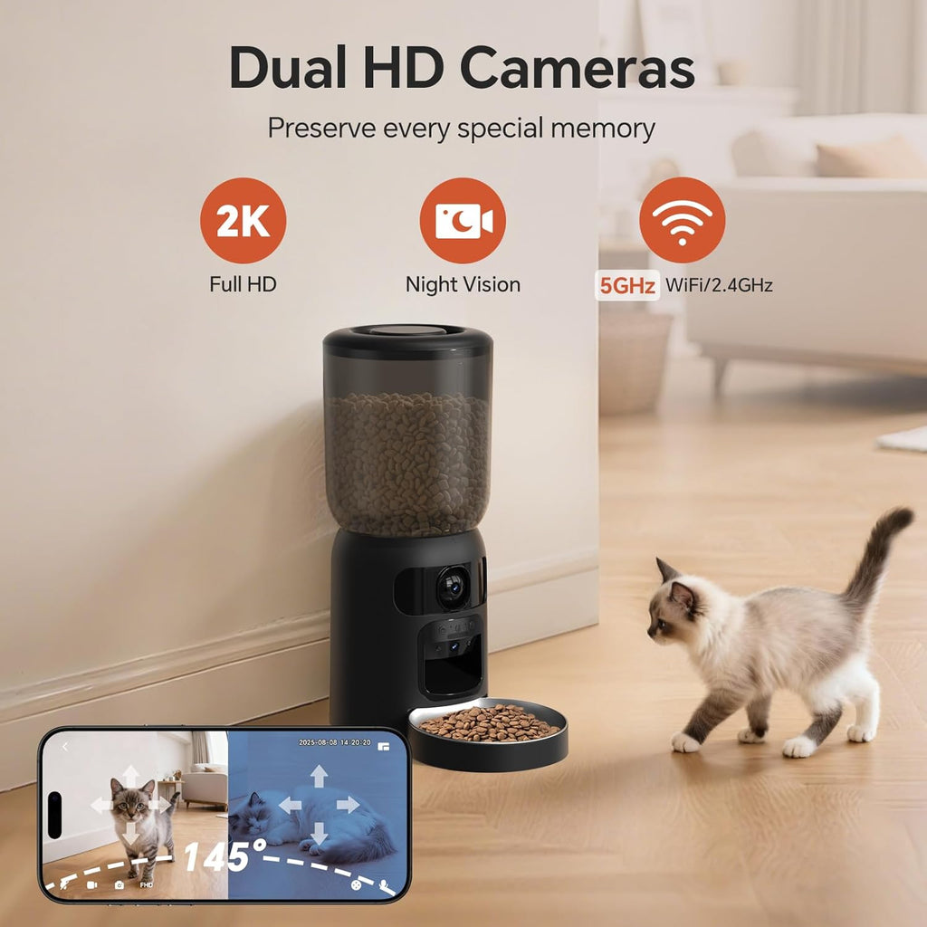 Automatic Cat Feeder with Dual 2K HD Camera, Smart Pet Food Dispenser for Timed Meals, APP Control Laser Interactive Toy Treat Feeders with 2.4G / 5G WiFi, Black
