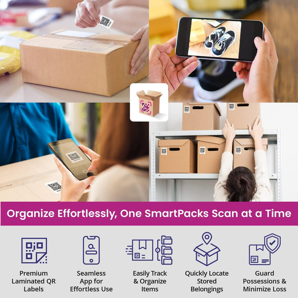 SmartPacks QR Stickers - Premium Smart Labels for Storage Bins | Advanced Pack and Track Labels with QR Code for Inventory, Storage, Moving | 48 Stickers