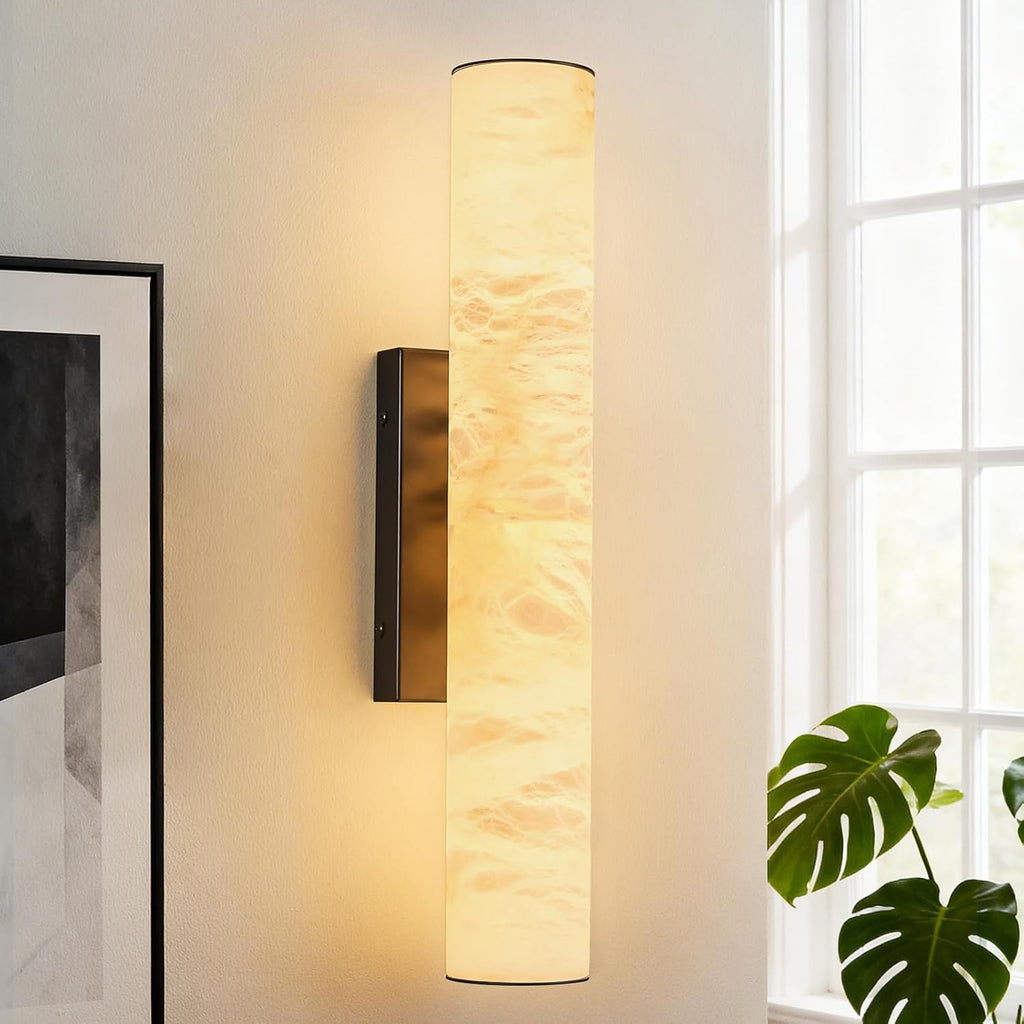 LMQNINE Natural Alabaster Wall Sconces Spanish Marble Wall Light Cylinder Modern Black LED Sconce for Living Room Bedroom Bathroom Stairs（S-1Pack）