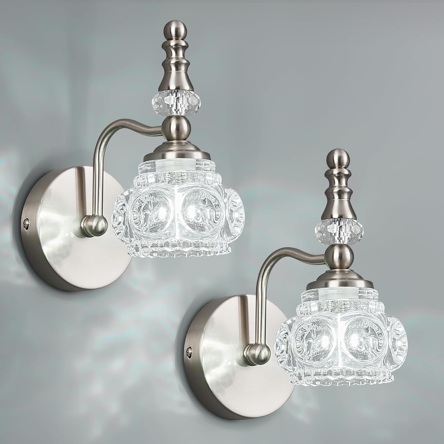 Modern Wall Sconce Set of Two Indoor Wall Lamp Nickel Vintage Wall Sconces Glass Wall Light Bathroom Vanity Light Fixture Wall Mounted Room Sconce Wall Lighting