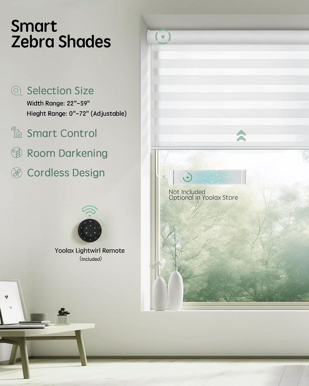 Yoolax Motorized Blinds with Remote, Electric Zebra Blinds for Indoor Windows, Room Darkening Smart Shades with Voice Control, Compatible with Alexa Google Home, APP Control, 46" W x 72" H, White