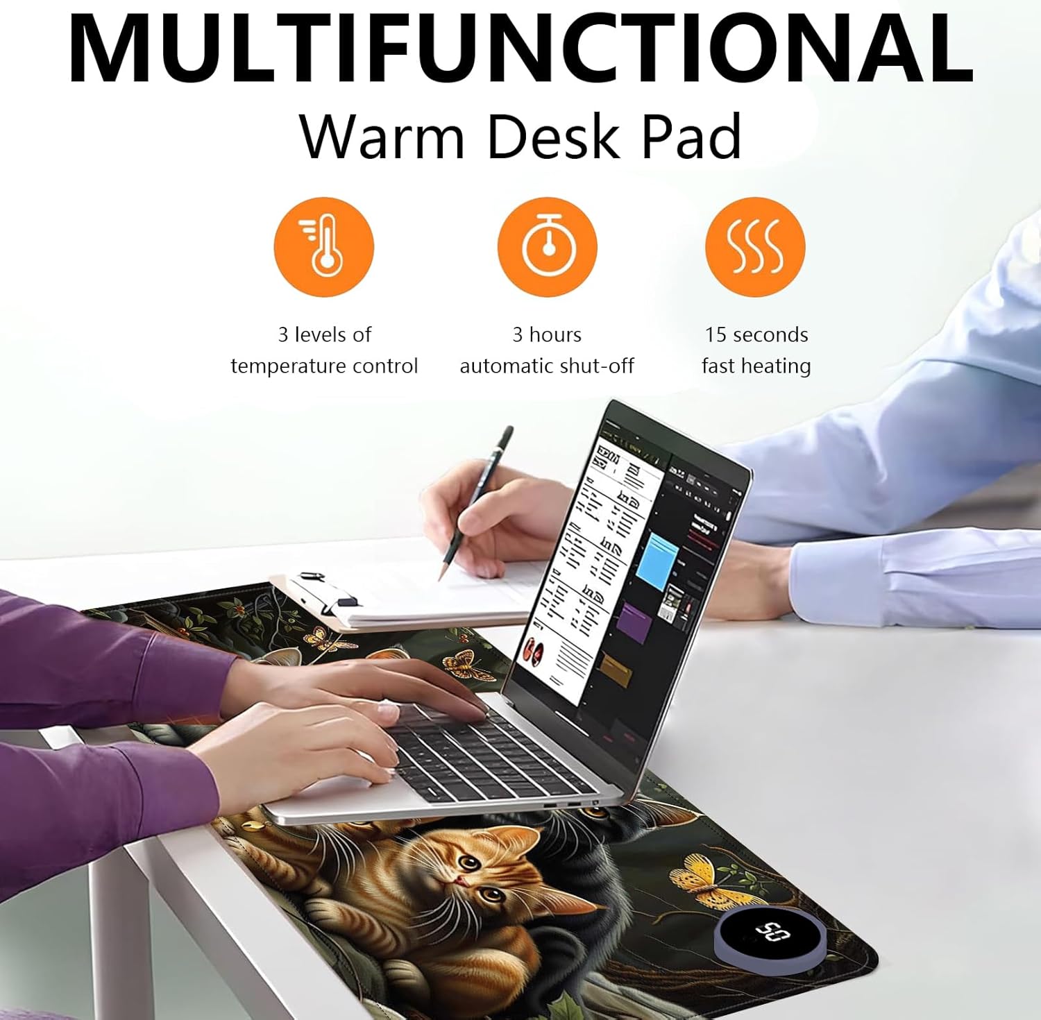 Heated Mouse Pad with 3 Levels Heated & 3 Hours Auto Shut-Off Mouse Pad for Warming Hands in Office Home, 31.5" x 13"Large Safe Desk Mat Hand Warmer，A Bunch of Cute Cats