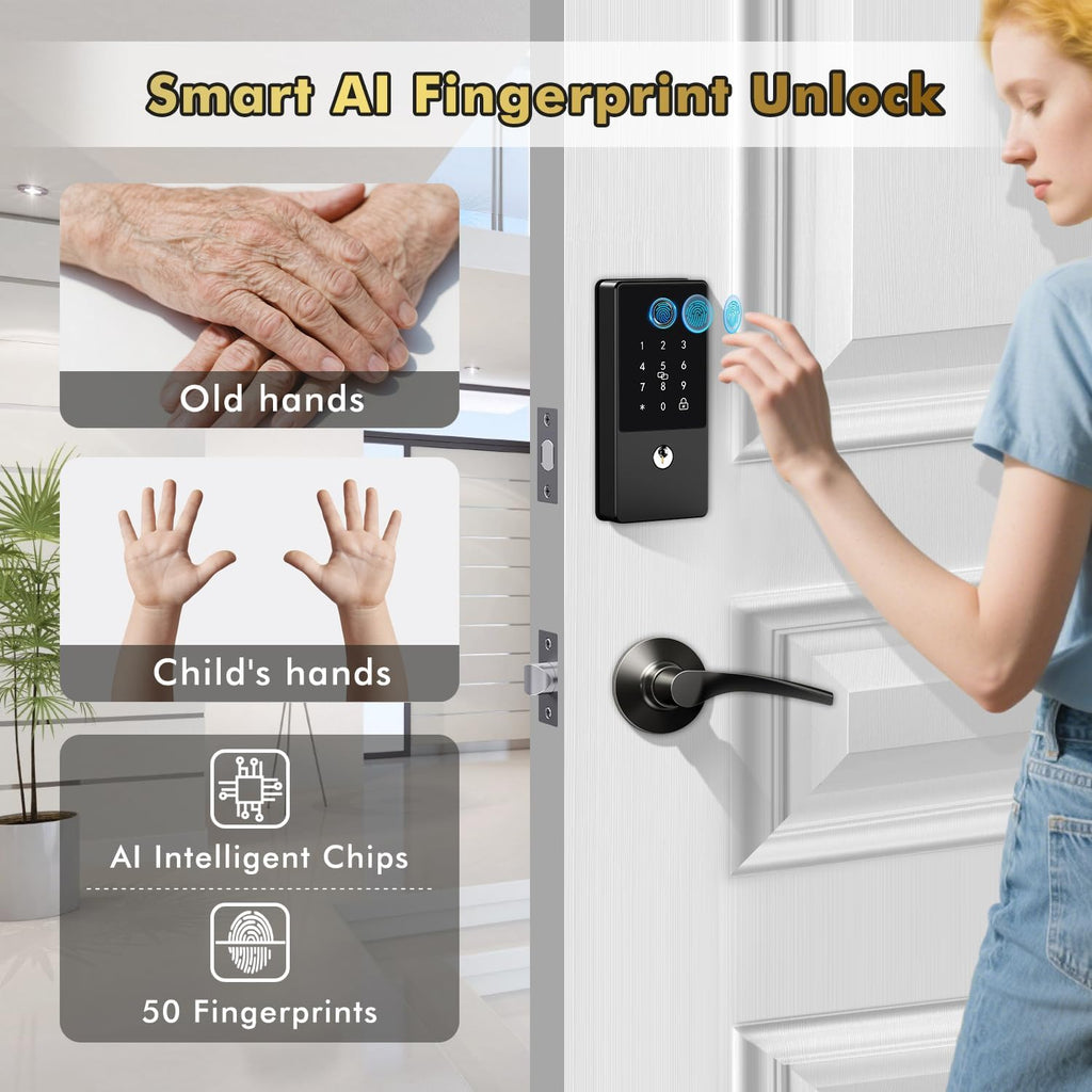 Smart Lock, Upgrade Keyless Entry Deadbolt Smart Lock with Keypad, Fingerprint Door Lock, Smart Locks for Interior Front Door, Biometric Digital Door Lock with Code App Control Auto Lock(Matte Black)