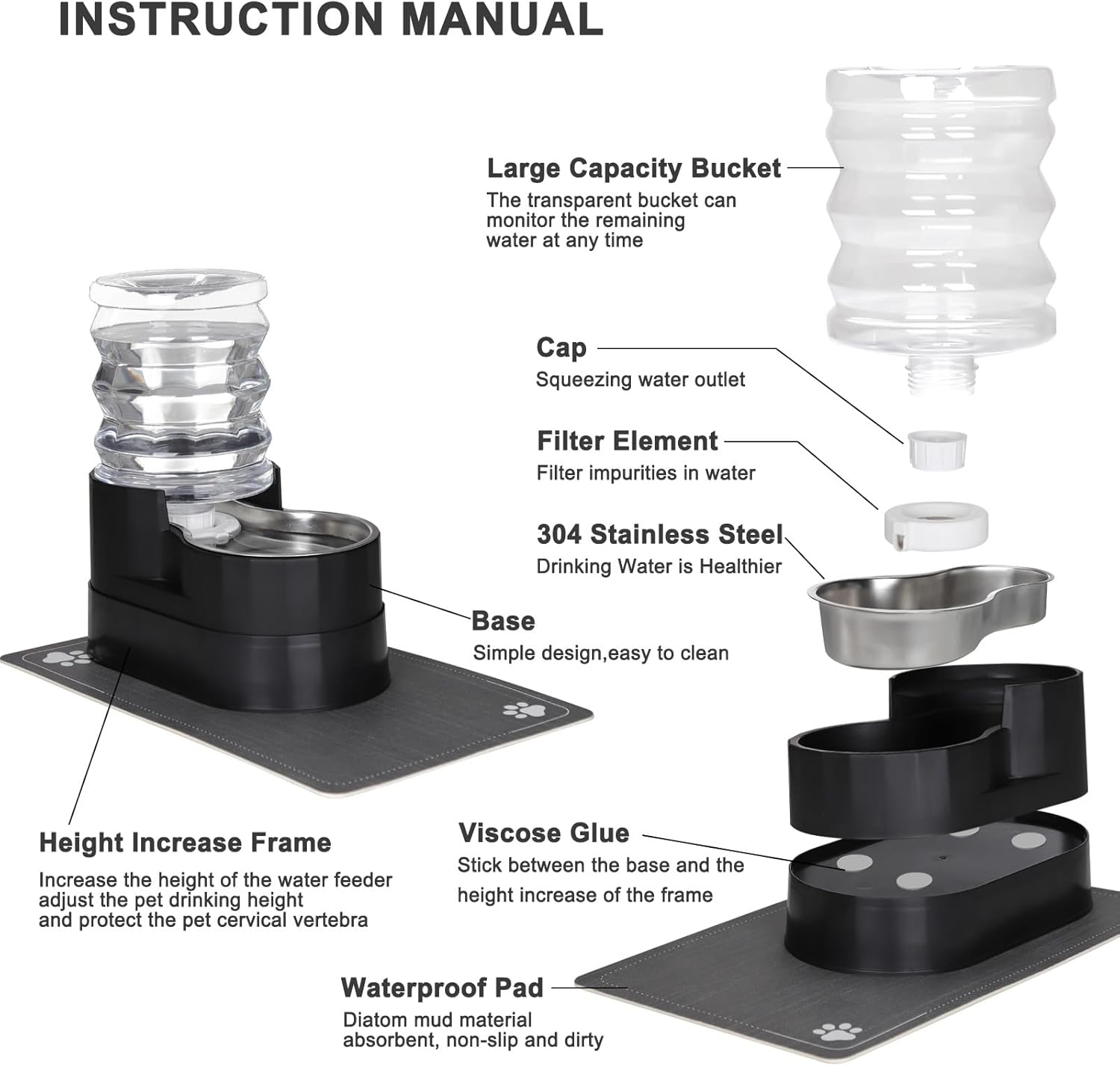 RIZZARI Automatic Cat Water Dispenser: Black 5L Elevated Feeder with Specialized Brush and Triple Filtration - Stainless Steel Gravity Bowl - Leakproof Base for Indoor Pets
