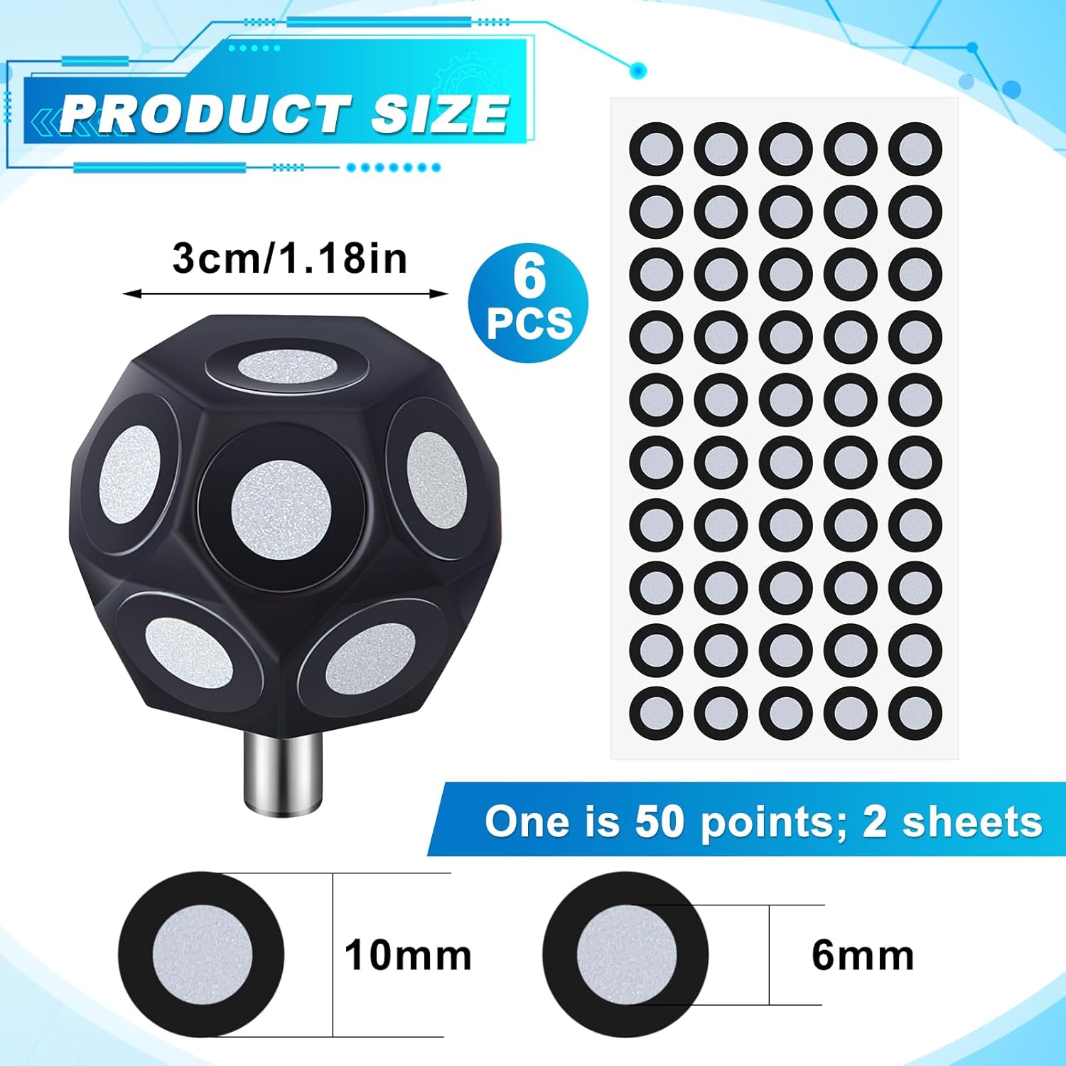 Kingdder 6 Pcs Multi-Angle Marker Set 2 Sheet 100 Point 6.0 mm 3D Scanner Markers Dot Stickers Scanning Spray Scanner Turntable Compatible Tracking Dot Reference Point for 3D Scanning