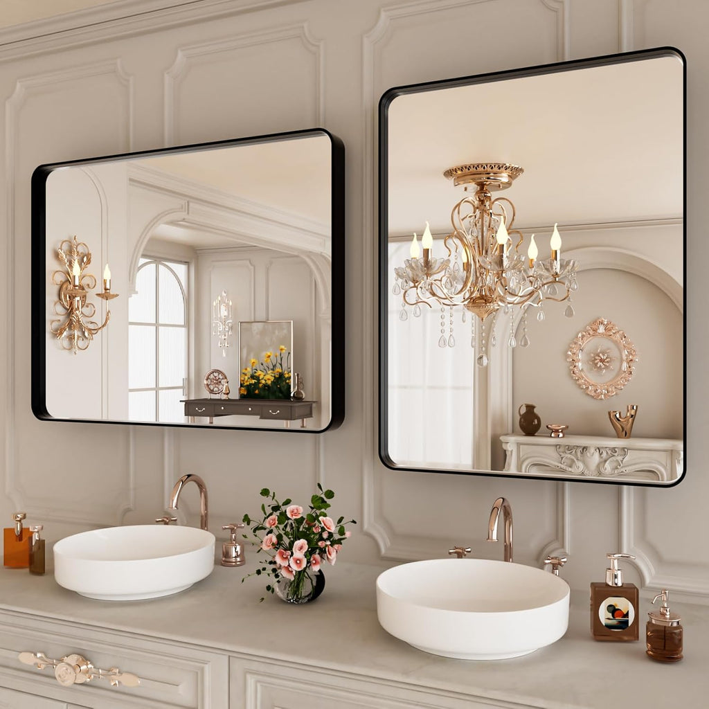 Black Metal Framed Bathroom Mirror for Wall,24X28 Rounded Rectangle Mirror, Matte Black Bathroom Vanity Mirror Farmhouse, Anti-Rust, Tempered Glass, Hangs Horizontally or Vertically