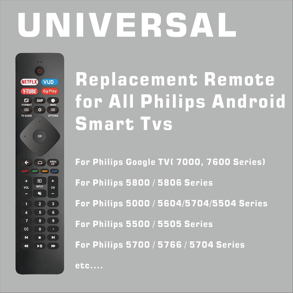 Universal Remote Control Replacement for Philips Smart TV – No Voice Function, Universal for All Philips Android/Google 4K TVs Smart TV Models (43PUL7652)