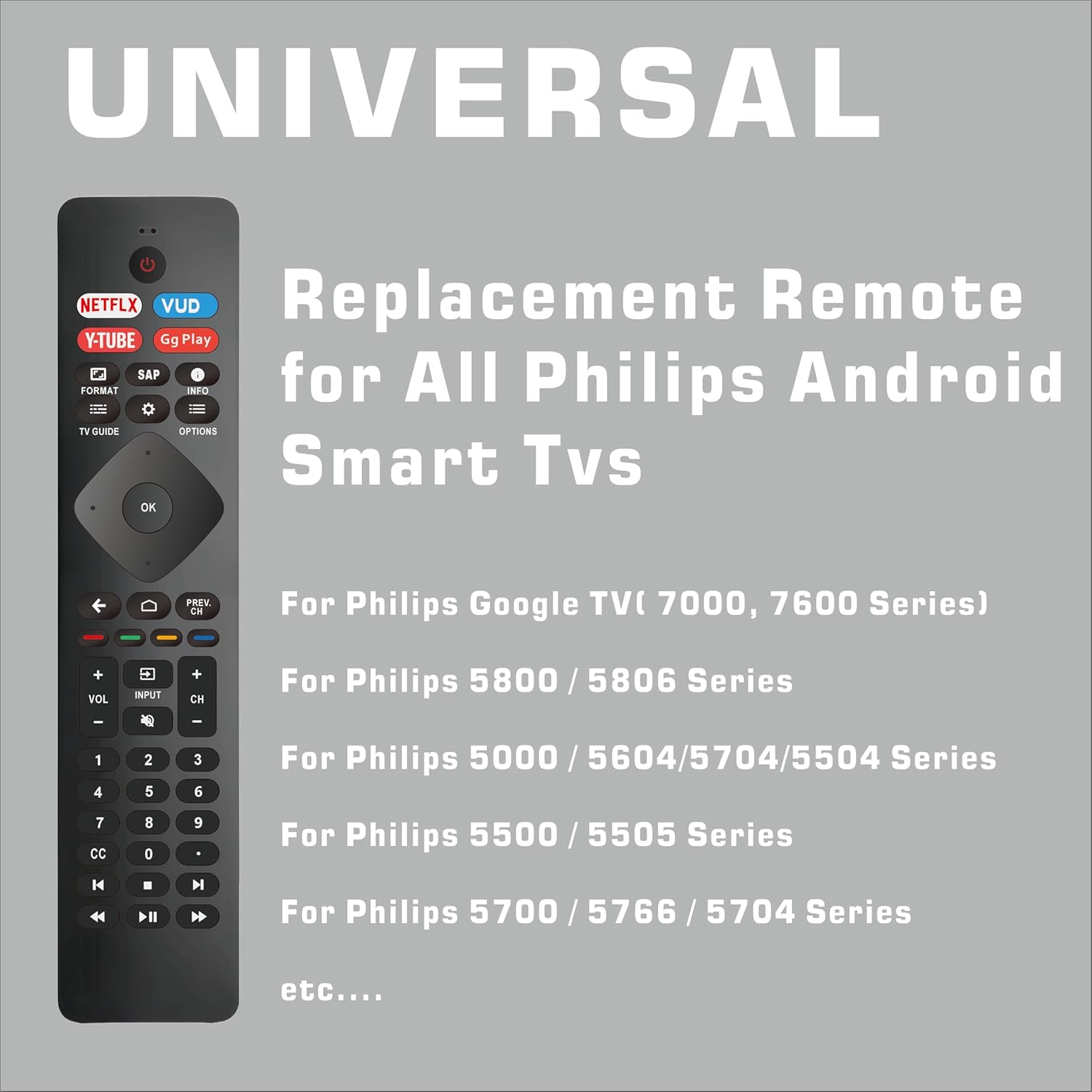 Universal Remote Control Replacement for Philips Smart TV – No Voice Function, Universal for All Philips Android/Google 4K TVs Smart TV Models (43PUL7652)