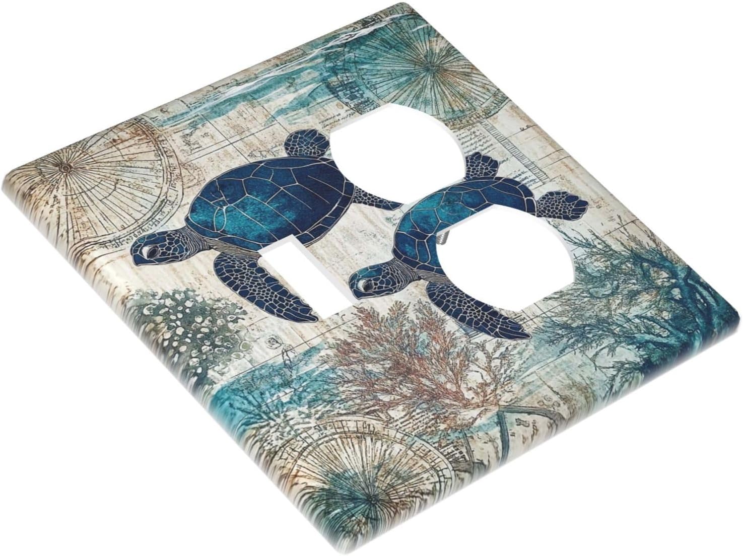 Blue Green Sea Turtle Tropical Ocean Coral Nautical Map Wallplates 1 Toggle 1 Duplex Switch Plate Electrical Gfci Faceplate Decorative Light Switch Covers For Bed Room Bathroom Decor