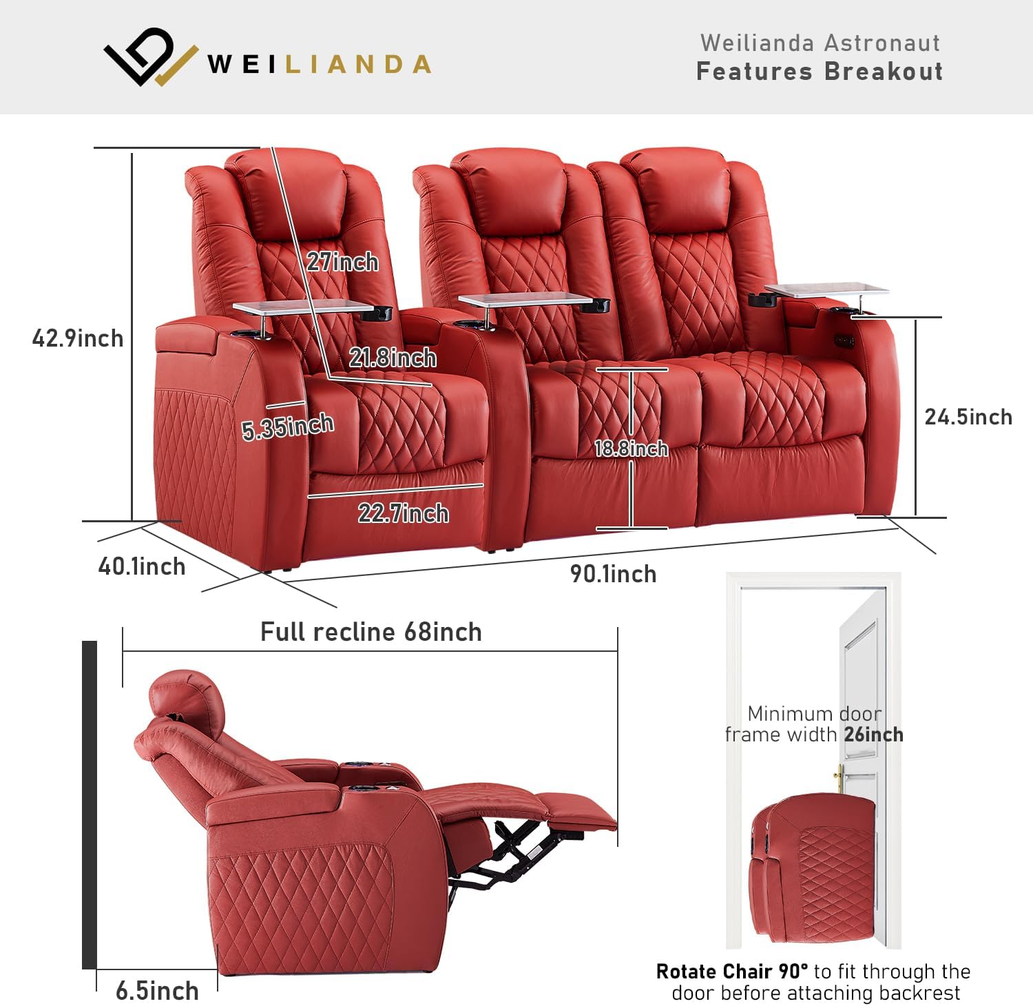 Weilianda Home Theater Seating Top Grain Leather Zero Gravity Recliner Chair Power Headrest Recline Movie Seat Gaming 7 Colors Mood Light Sofa with Tray Table USB Charge Row of 3 Loveseat Right Red