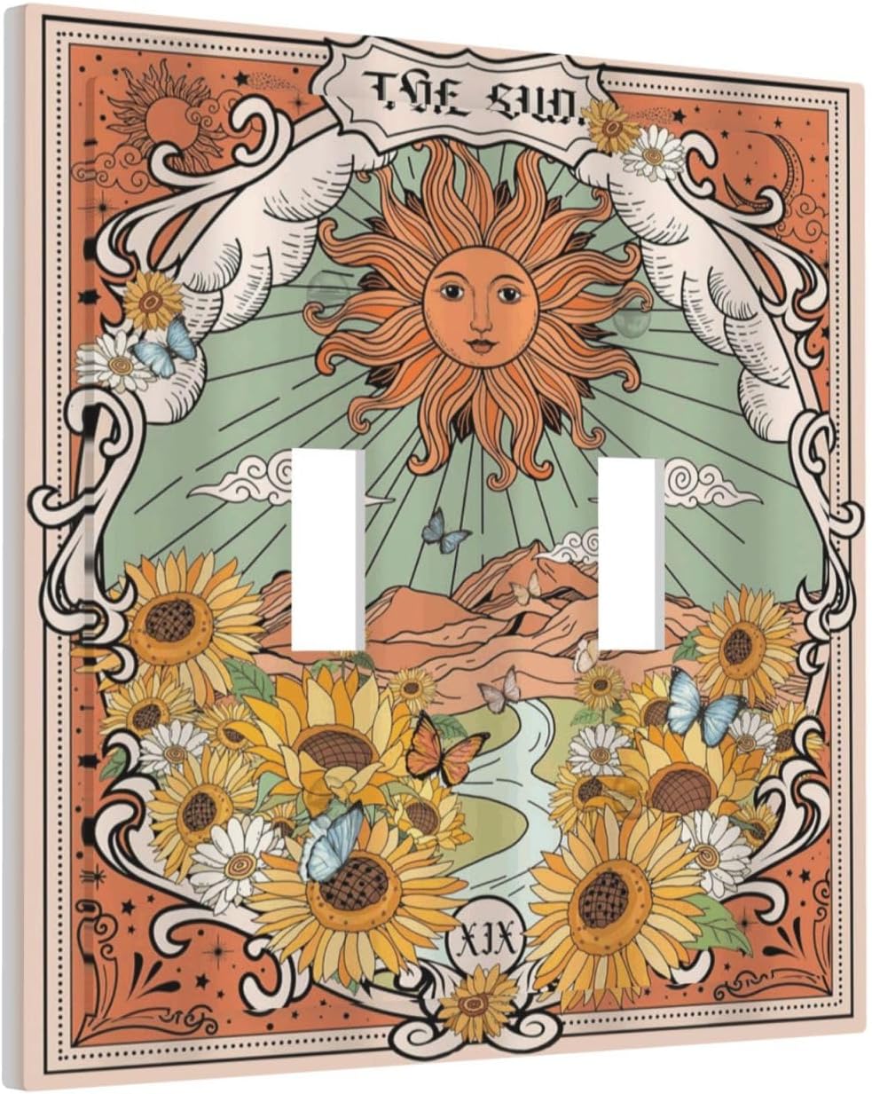 Boho Retro Sun Sunflower Vintage Flower Butterfly Decorative Switch Plates 2 Gang Double Toggle Outlet Light Switch Cover Wall Plate Electrical Faceplate for Farmhouse Home Decor