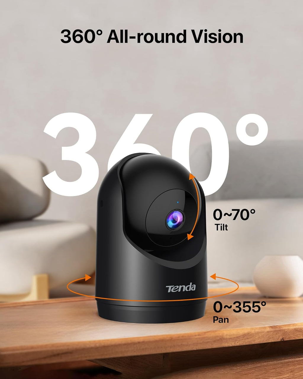 Tenda 2K Indoor Security Camera for Baby Monitor, WiFi 6 Pet/Dog Camera for Home Security, 360° Pan/Tilt, 2-Way Audio, Motion Detection, Night Vision, Cloud & SD Card Storage, Black(CP3-V3.0)