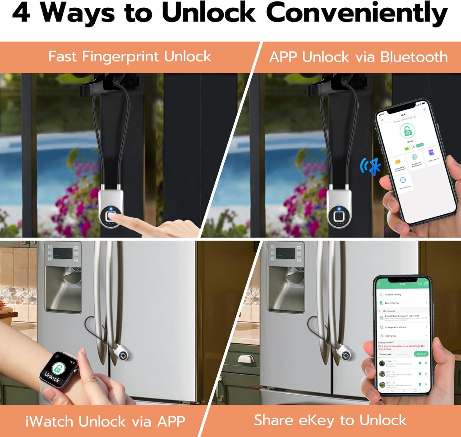 Fingerprint Cable Lock, eLinkSmart Fridge Locks with Bluetooth APP Control, Biometric Smart Padlock for Adults Baby Proof Cabinet Refrigerator French Door Cabinet Gate Locker Bike, 14.9'' Long Silver