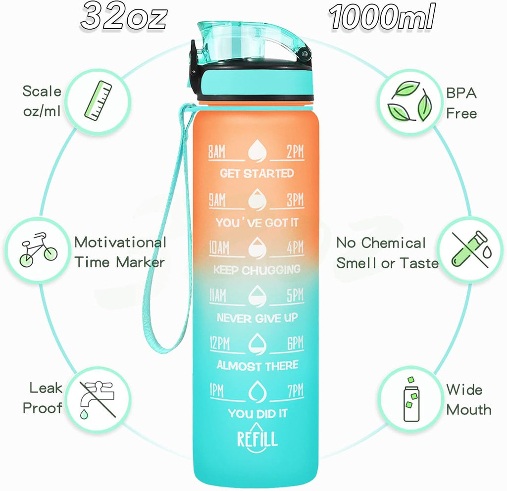 Enerbone Water Bottle, Leakproof BPA & Toxic Free, Motivational Water Bottle with Times to Drink and Straw, Fitness Sports Water Bottle with Strap for Office, Gym, Outdoor Sports