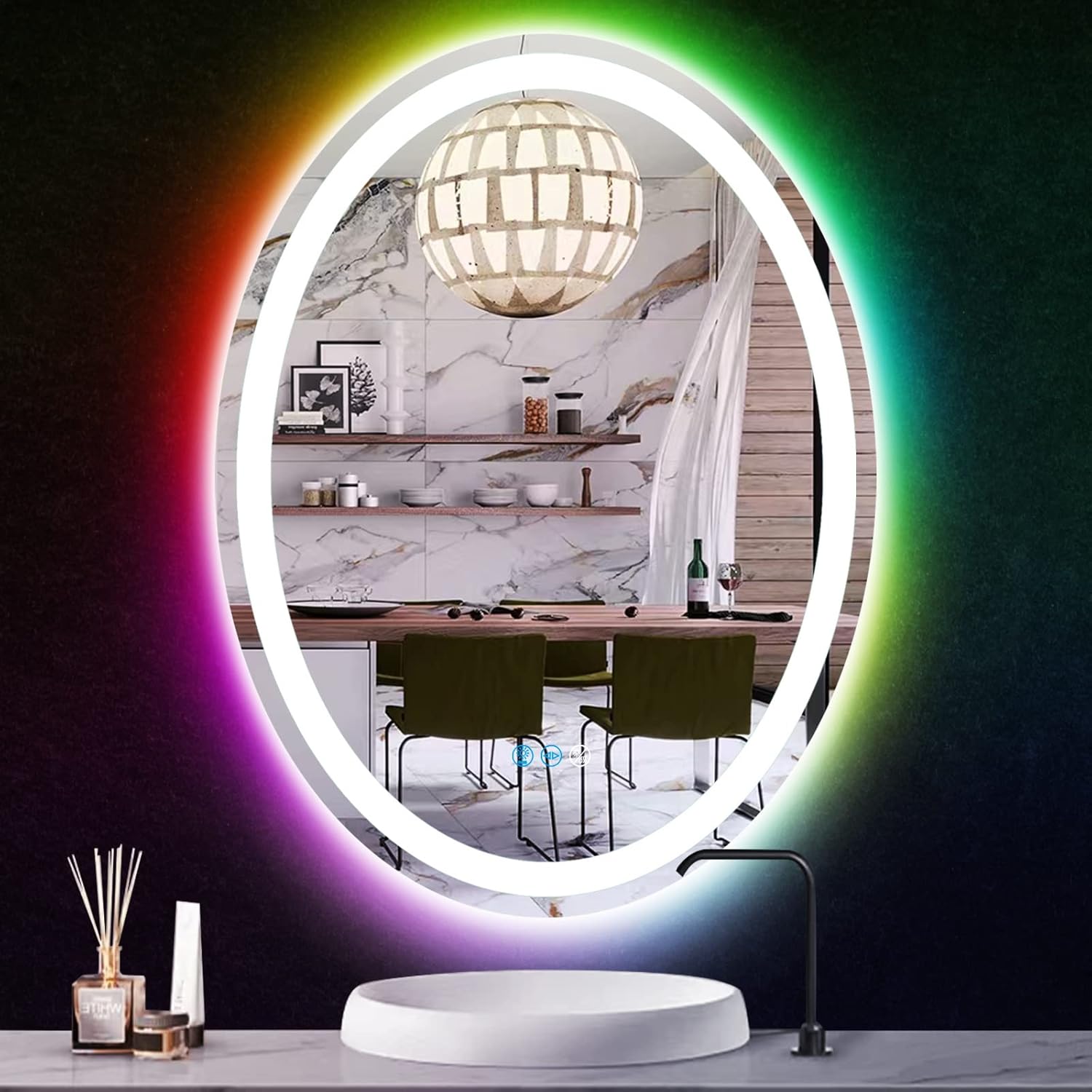 THEKLA 20 x 30 Inch LED Oval Mirror with 3 Color Front Lights + RGB Rainbow Color Changing Backlit Oval Lighted Vanity Mirror for Bathroom Wall Dimmable AntiFog 30in Ovals Smart Light up Mirrors