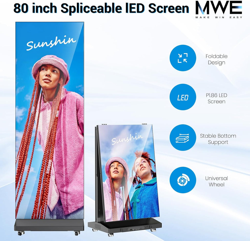 80 Inch LED Digital Signage Display, Foldable Seamless Stitching Kiosk, P1.86 GOB LED Screen Poster with Flight Case, Commercial Advertising Display for Events, Rentals and Weddings (Black, 1 Unit)
