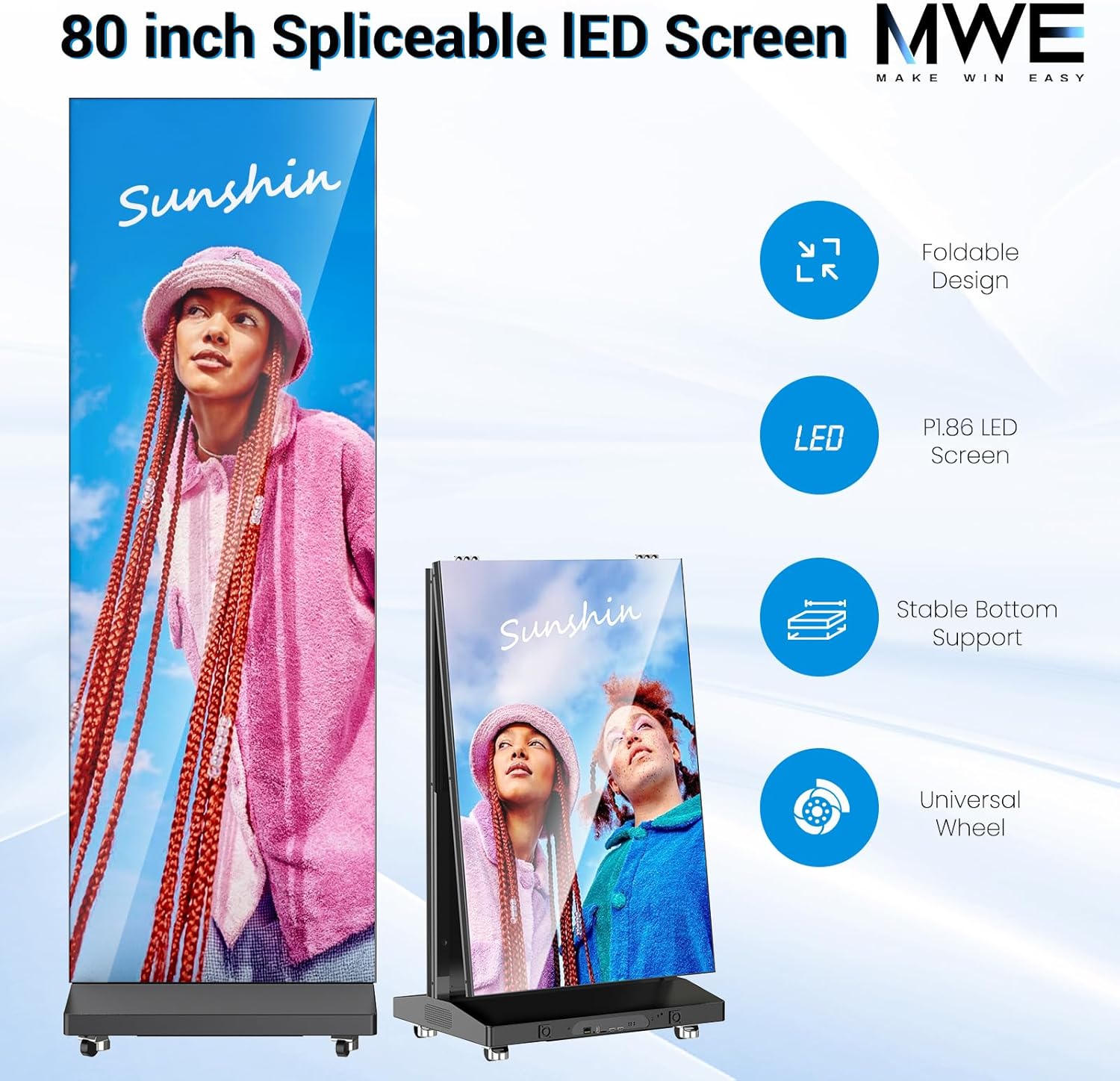 80 Inch LED Digital Signage Display, Foldable Seamless Stitching Kiosk, P1.86 GOB LED Screen Poster with Flight Case, Commercial Advertising Display for Events, Rentals and Weddings (Black, 1 Unit)
