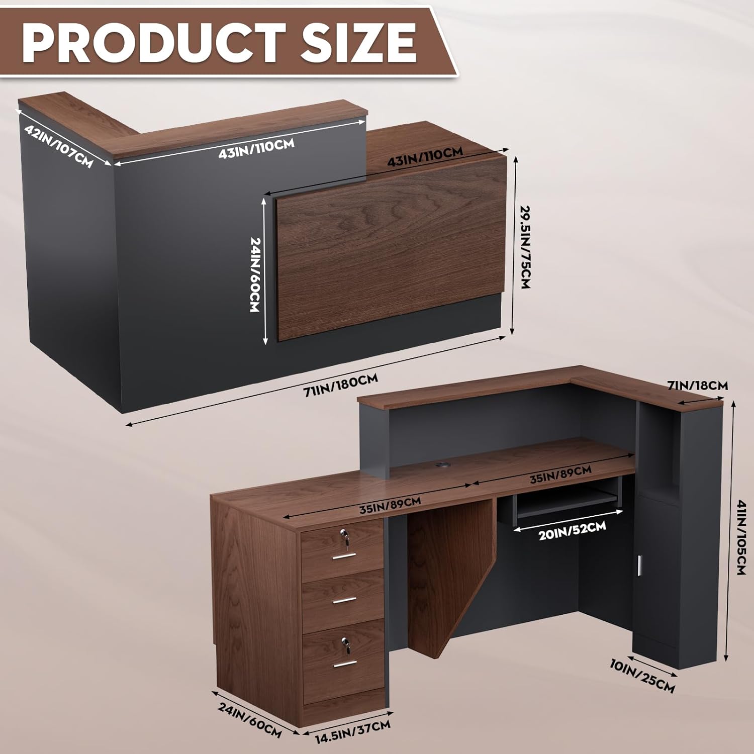 L-Shaped Modern Reception Desk with Counter & Storage - 71" Large Office Front Desk, Salon Checkout Counter with Lockable Cabinets, Shelves(Brown & Black, Left - 71''L x 34''W x 41''H)