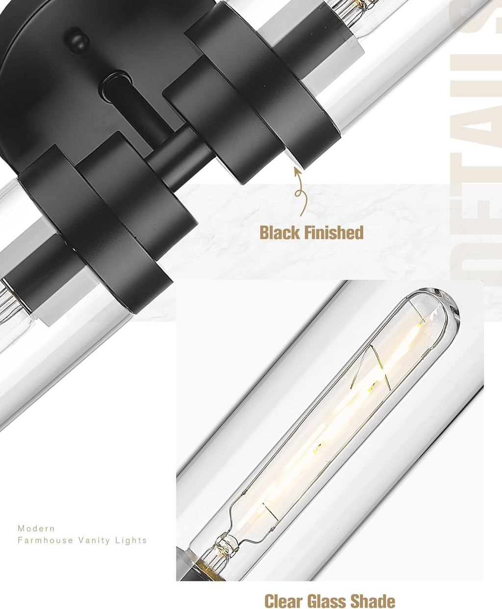 Emak 2 Light Black Vanity Lights for Bathroom,22 Inch Bathroom Light Fixtures Modern Wall Sconces with Clear Glass Shade for Bath, Bedroom, Hallway, VL085-BK-2