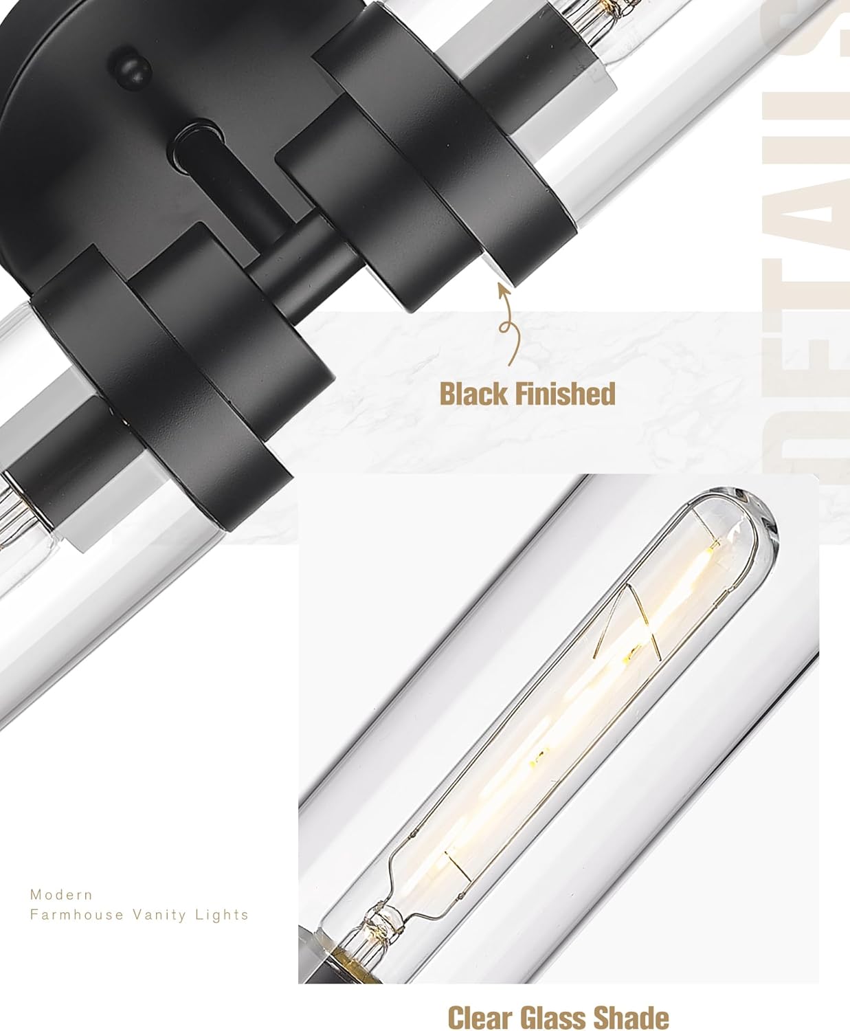Emak 2 Light Black Vanity Lights for Bathroom,22 Inch Bathroom Light Fixtures Modern Wall Sconces with Clear Glass Shade for Bath, Bedroom, Hallway, VL085-BK-2